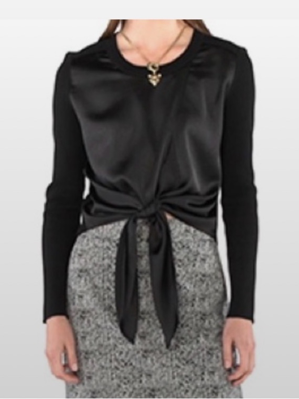 CAbi Black Satin Front-Tie Sweater